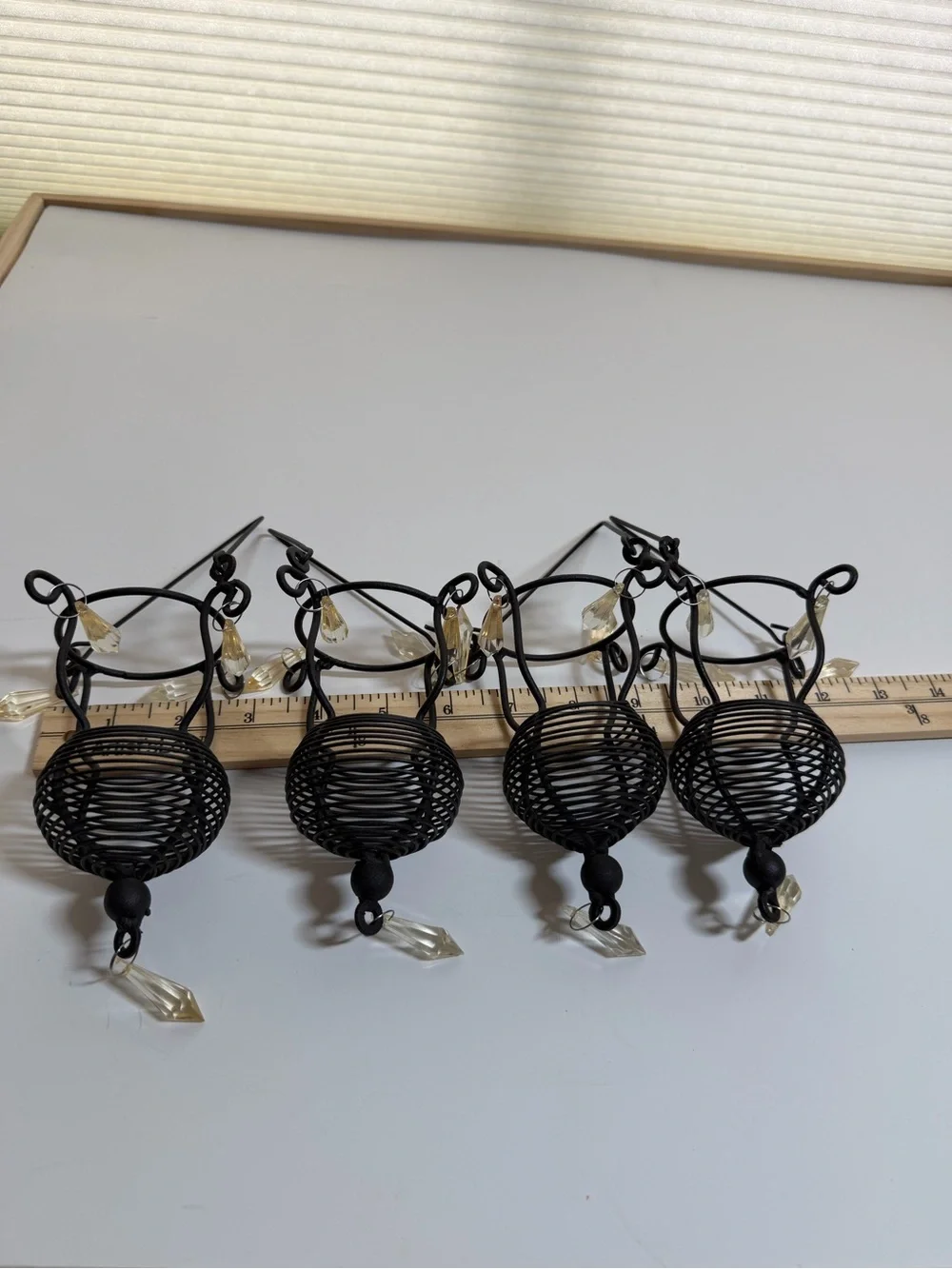 Set of 4 Black Wire Hanging tea light lanterns with hanging plastic dangles